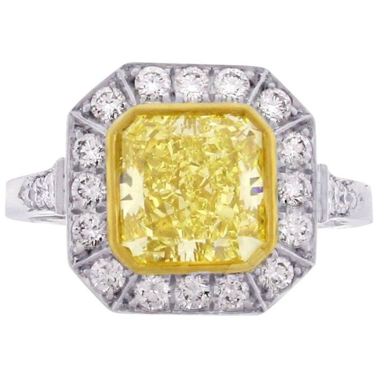 Pampillonia Diamond, Yellow Diamond Canary Ring Fancy Yellow Diamond Ring, Canary Yellow Diamonds, Yellow Diamond Ring, Yellow Diamond Rings, Unique Diamond Engagement Rings, Fancy Yellow Diamond, Radiant Cut Diamond, Canary Yellow, Radiant Cut