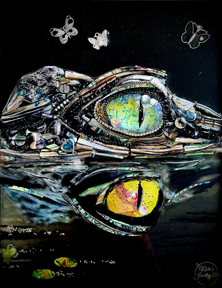 a painting of an eye in the water with butterflies flying around it and on top of them