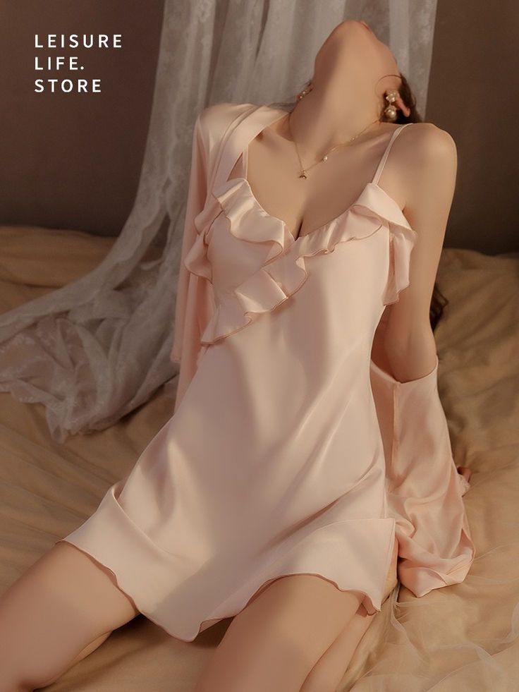 pink Silky Suspender Nightdress Ruffled Nightdress With Robe Set Spring Wedding Night Sleepwear With Built-in Bra, Sleeveless Mini Dress For Wedding Night In Summer, Sleeveless Summer Mini Dress For Wedding Night, Summer Wedding Nightgown With Built-in Bra, Spring Night Dress With Built-in Bra, Elegant Fitted Ruffles Sleepwear, Elegant Fitted Ruffle Sleepwear, Elegant Fitted Ruffled Sleepwear, Summer V-neck Ruffled Sleepwear