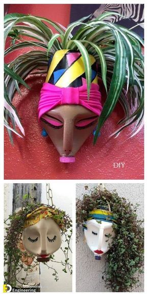 three different masks with plants in them and one is made out of paper machs