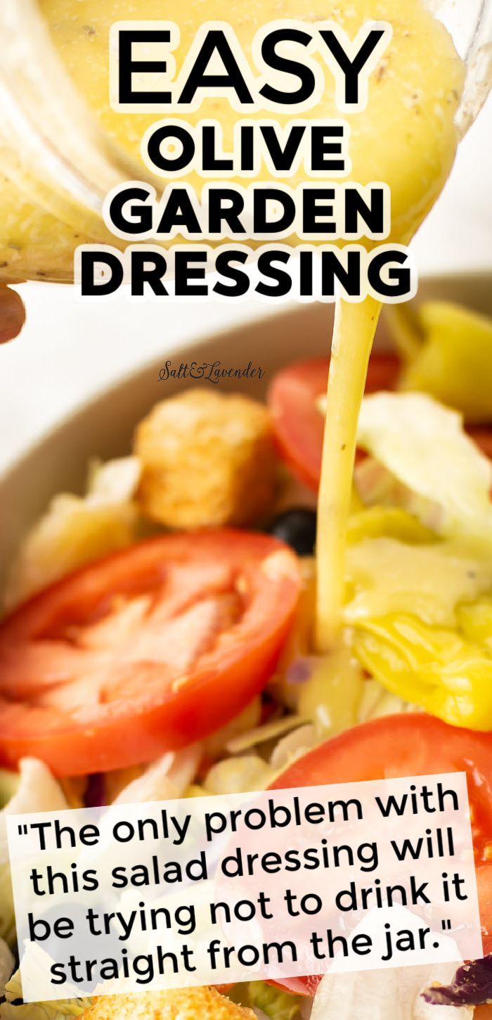 an image of a salad being poured into a bowl with the words easy olive garden dressing