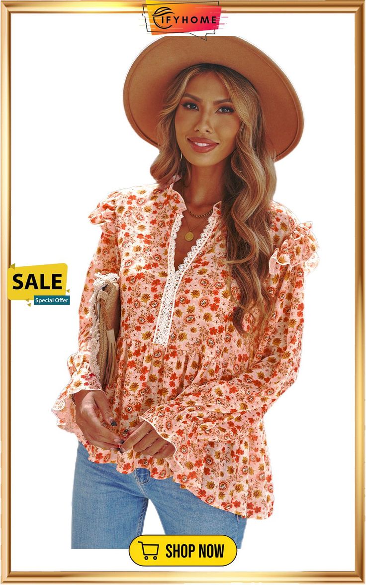 Orange Floral Pattern Peplum Blouse with Ruffles Feminine Ruffled Blouse For Vacation, Trendy Ruffle Hem Blouse For Fall, Trendy Fall Blouse With Ruffle Hem, Bohemian Blouse With Printed Ruffle Sleeves, Spring Vacation Blouse With Ruffle Hem, Summer Bohemian Blouse With Ruffles, Bohemian Ruffled Summer Blouse, Summer Long Sleeve Blouse With Ruffle Hem, Trendy Spring Blouse With Ruffles