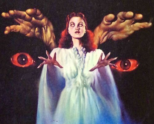 a painting of a woman surrounded by two hands with evil eyes on her face and arms outstretched