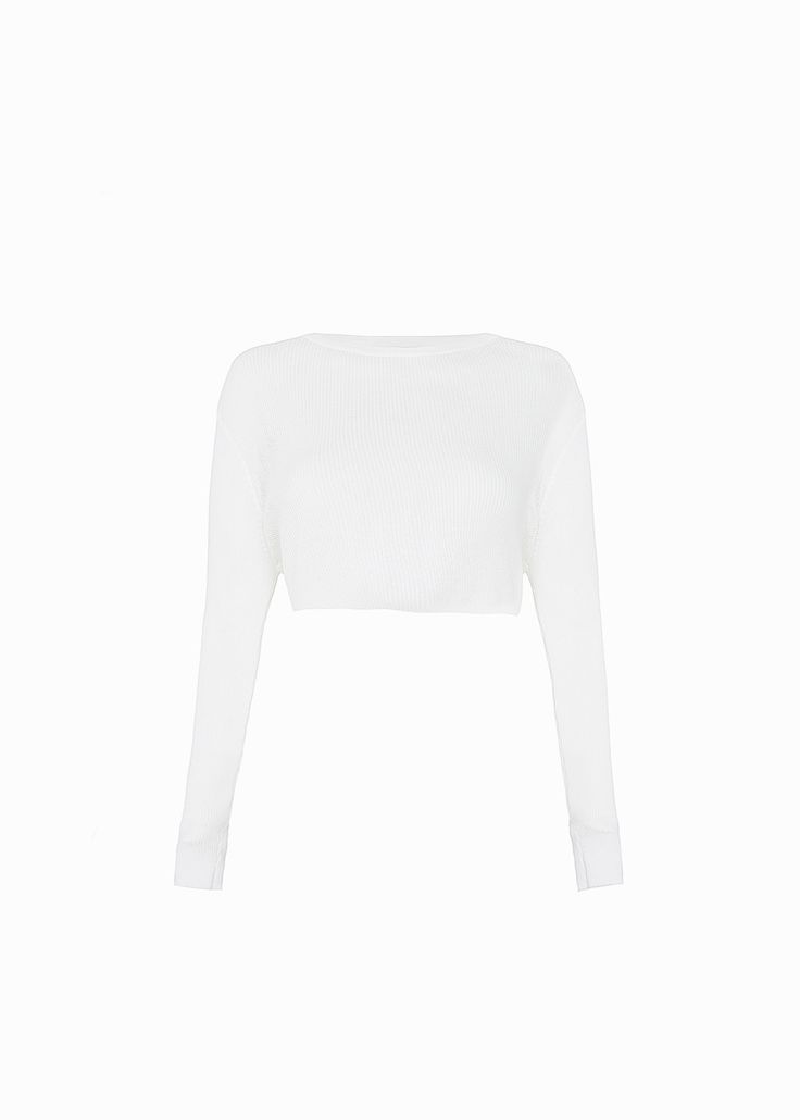 Color: WhiteLightweight ribbed knit with stretch Cropped profileSlim fitCrew necklineLong sleevesInvisible stitched hemUnlined85% Rayon 15% PolyesterDry CleanImported Spring Textured Knit Long Sleeve Crew Neck Top, Spring Crew Neck Long Sleeve Top With Textured Knit, Stretch Cropped Knit Top In Fine Knit, Fitted Cropped Sweater With Ribbed Cuffs And Crew Neck, Chic Tops With Ribbed Collar For Layering, Fitted Cropped Sweater With Ribbed Crew Neck, Fitted Cropped Sweater With Ribbed Cuffs, Solid Cropped Top With Ribbed Cuffs, Fitted White Cropped Sweater With Ribbed Cuffs