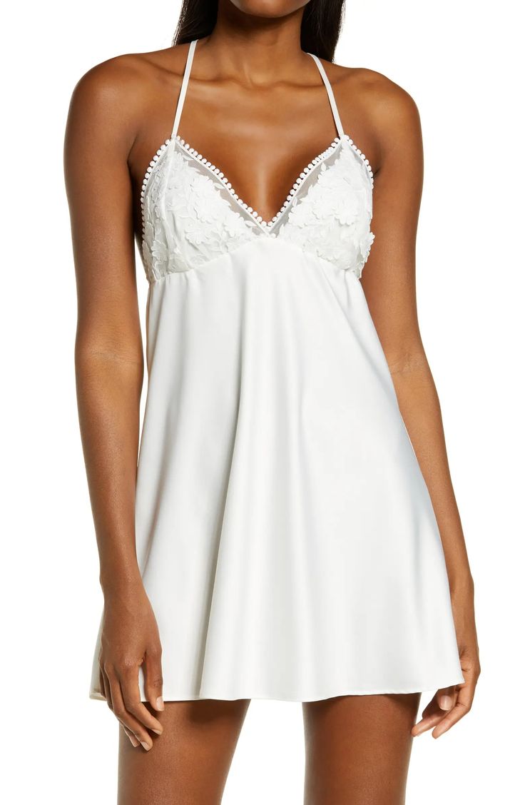 Flora Nikrooz Kylie Charm Satin Chemise | Nordstrom Satin Chemise, Blue Periwinkle, Honeymoon Style, Flora Nikrooz, Blushing Bride, Romantic Lace, Lace Slip, Wedding Night, Floral Applique