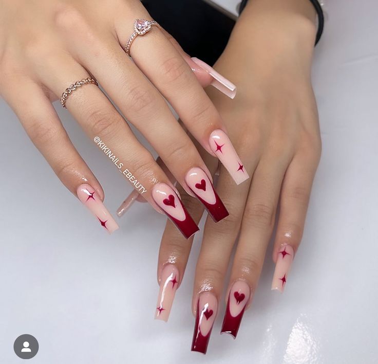 Red Valentines Day Nails, Valentines Day Nails Ideas, Stars Nail Art, Hearts And Stars, Red Acrylic Nails, Red Valentine, Diy Acrylic Nails, Girly Acrylic Nails, Dope Nail Designs