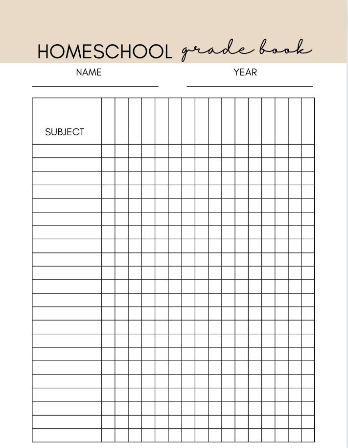 the printable homeschool grade book is shown in black and white with text