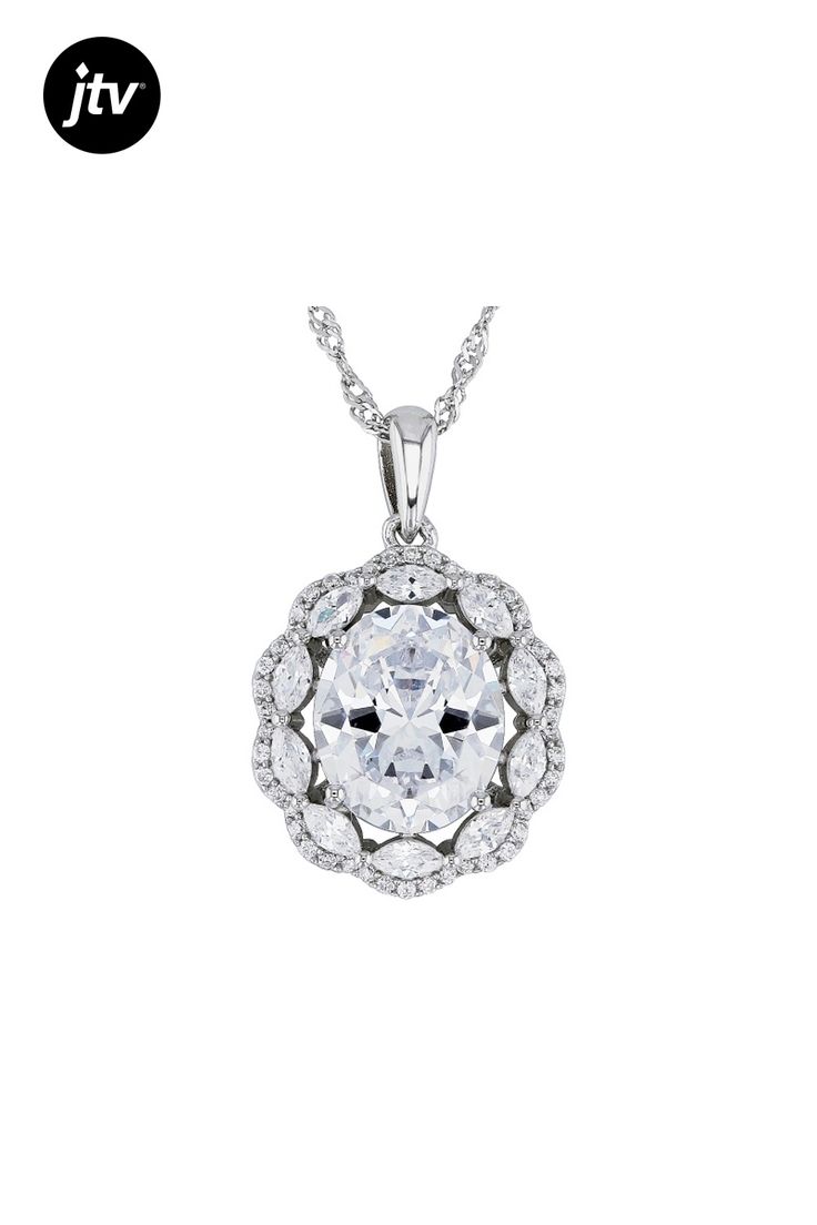 Bella Luce�� white diamond simulant 9.53ctw oval, marquise, and round, rhodium over sterling silver pendant with chain. Pendant measures approximately 1.02" L x 0.65" W and has a 2.5mm bail. Includes a 18" L x 0.03" W singapore chain that has a 2" extender and lobster claw clasp closure. The diamond equivalent weight is 5.77ctw. Fine Jewelry White Necklace With Center Stone, Fine Jewelry White Necklaces With Center Stone, White Oval Halo Setting Necklace, Classic White Gold Necklace With Center Stone, Oval Diamond White Cubic Zirconia Necklace, Silver Marquise Diamond Necklace With Accents, Silver Necklace With Brilliant Cut Marquise, Silver Marquise Cut Diamond Necklace For Formal Occasions, White Marquise Cut Halo Design Jewelry