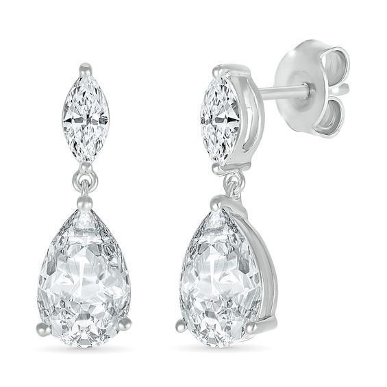 Achieve a sophisticated look when you wear these pear-shaped and marquise-cut white lab-created sapphire dangle drop earrings in silver. Fashioned in sterling silver Each drop features an 8.0 x 5.0mm pear-shaped white lab-created sapphire dangle shimmering below a marquise-cut white lab-created sapphire post. These earrings secure comfortably with friction backs. Diamond Teardrop Chandelier Earrings, Formal Teardrop Chandelier Earrings With Diamond Accents, Teardrop Chandelier Earrings With Diamond Accents For Formal Occasions, White Diamond-cut Teardrop Earrings, White Diamond Cut Teardrop Earrings, Elegant White Gold Pear-shaped Chandelier Earrings, White Diamond Accented Pear-shaped Teardrop Earrings, Diamond White Teardrop Bridal Earrings, Diamond White Teardrop Earrings With Brilliant Cut