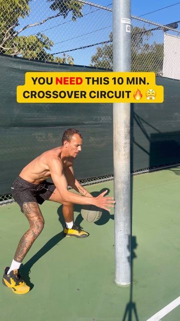 a man holding a tennis racquet on top of a tennis court next to a sign that says you need this 10 min crossoverer circuit