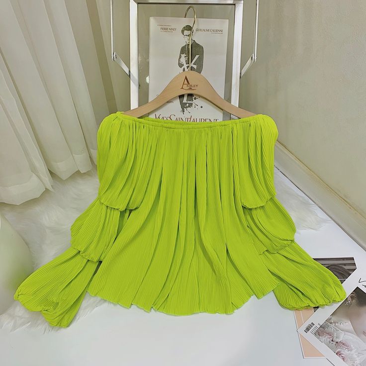 Question? Leave On The Comment Below! Spring Pleated Tops, Chic Chiffon Tops For Night Out, Chic Flowy Chiffon Blouse, Flowy Chiffon Chic Blouse, Spring Party Chiffon Blouse, Spring Green Chiffon Blouse, Spring Party Blouse With Flowy Fit, Trendy Flowy Chiffon Blouse, Trendy Chiffon Blouse For Brunch