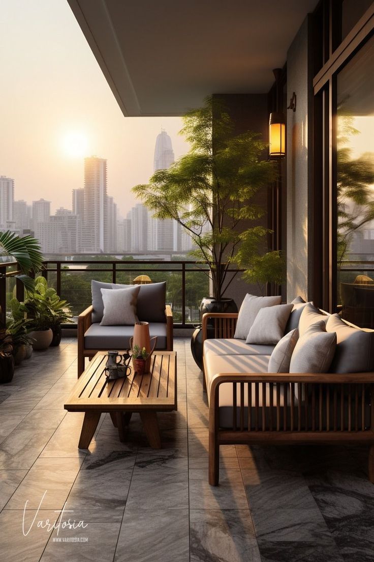 a balcony with two couches and some tables on it, overlooking the city skyline