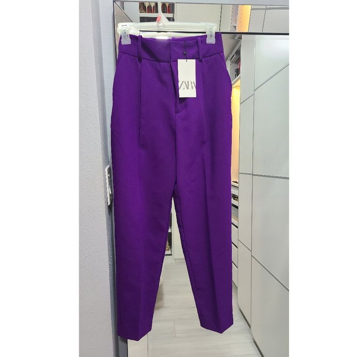 High Waisted Pants. Front Pockets And Back False Welt Pockets. Front Zip, Metal Hook, And Inside Button Closure. New With Tags Purple Straight Leg Work Pants, Purple High-waisted Pants For Workwear, Purple Ankle Pants For Work, Purple Ankle-length Work Pants, Chic Purple Ankle-length Bottoms, Chic Purple Ankle-length Pants, Elegant Purple Ankle-length Pants, Zara High Waist Purple Bottoms, Purple Work Pants With Belt Loops