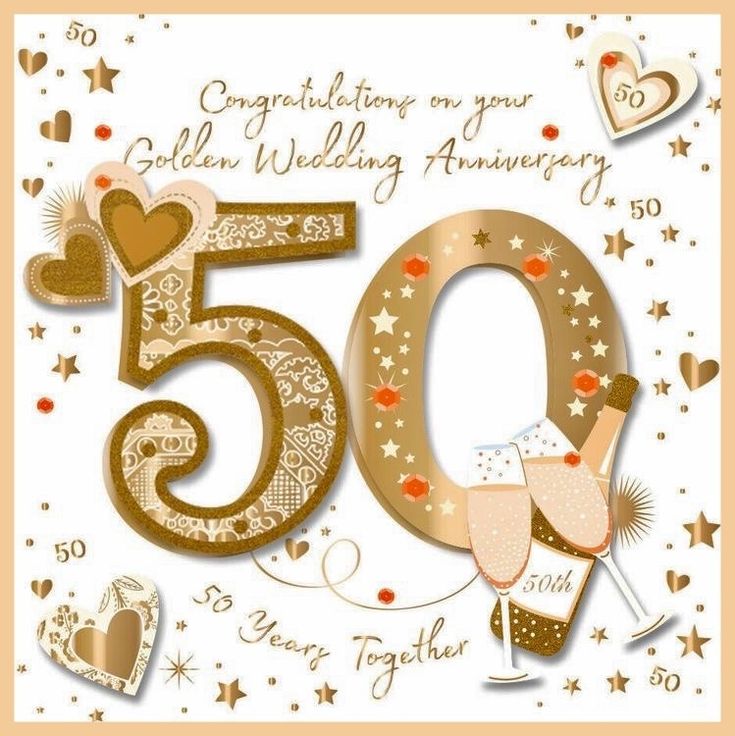 a 50th anniversary card with the number 50 in gold and hearts, stars and confetti