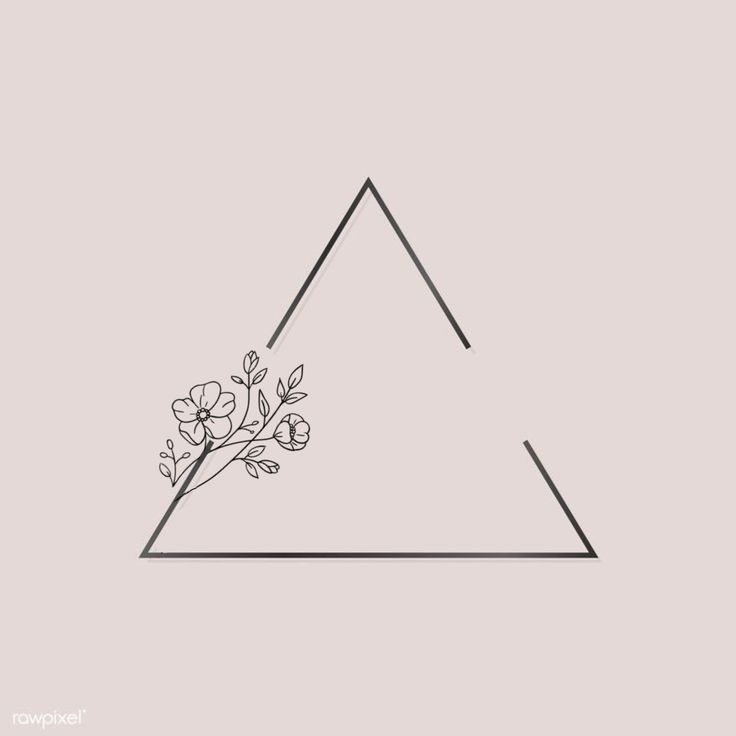 a triangle with flowers on it and the word love is written in black ink, against a light gray background