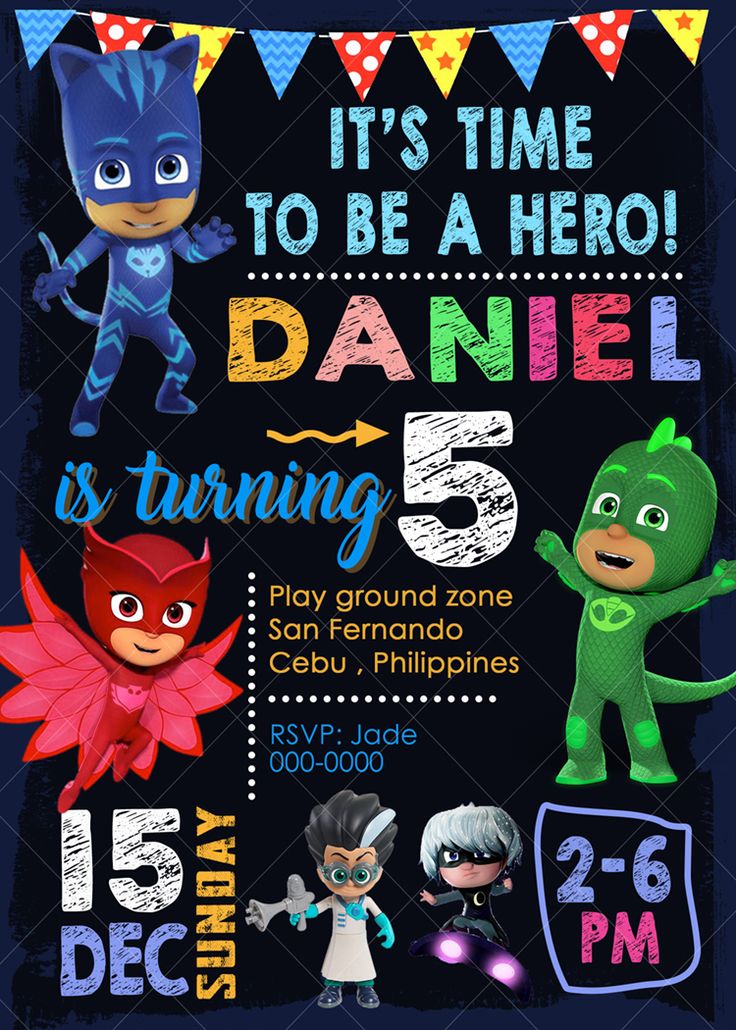 an image of a birthday party poster with the names of different children's characters