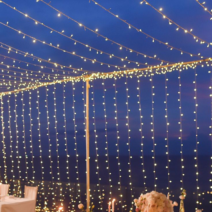 LED Icicle Lights, LED Light Backdrop, Fairy Lights Background, Fairy Lights Decoration, Hanging Fairy Lights#color_parent Curtain Fairy Lights, Twinkle String Lights, Inspiration Pics, Romantic Wedding Receptions, Led Curtain, Curtain String Lights, Stage Decoration, Fiesta Theme, Fiesta Decorations