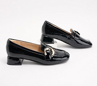 Command the room with an air of sophistication and femininity with these leather loafers. From Clarks Footwear. Patent Leather Slip-on Heels For Work, Chic Slip-on Court Shoes For Work, Formal Spring Loafers With Round Toe, Spring Formal Loafers With Round Toe, Elegant Slip-on Court Shoes With Low Heel, Office Patent Leather Slip-on Court Shoes, Chic Block Heel Flats For Office, Chic Office Flats With Block Heel, Chic Low Heel Flats For Business