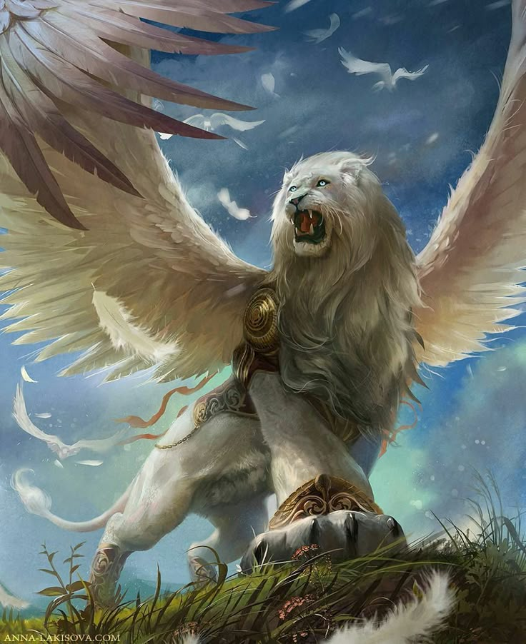 a painting of an angel dog with wings on it's back, sitting in the grass