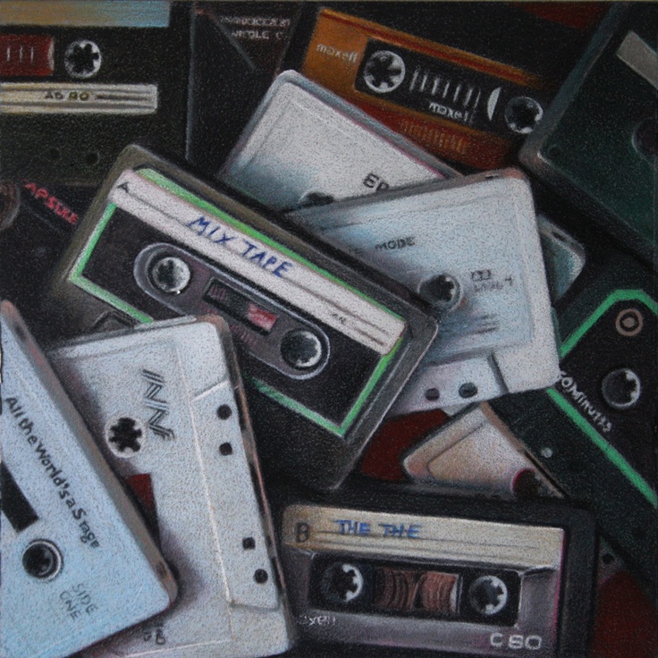 a painting of cassette tapes and tape recorders