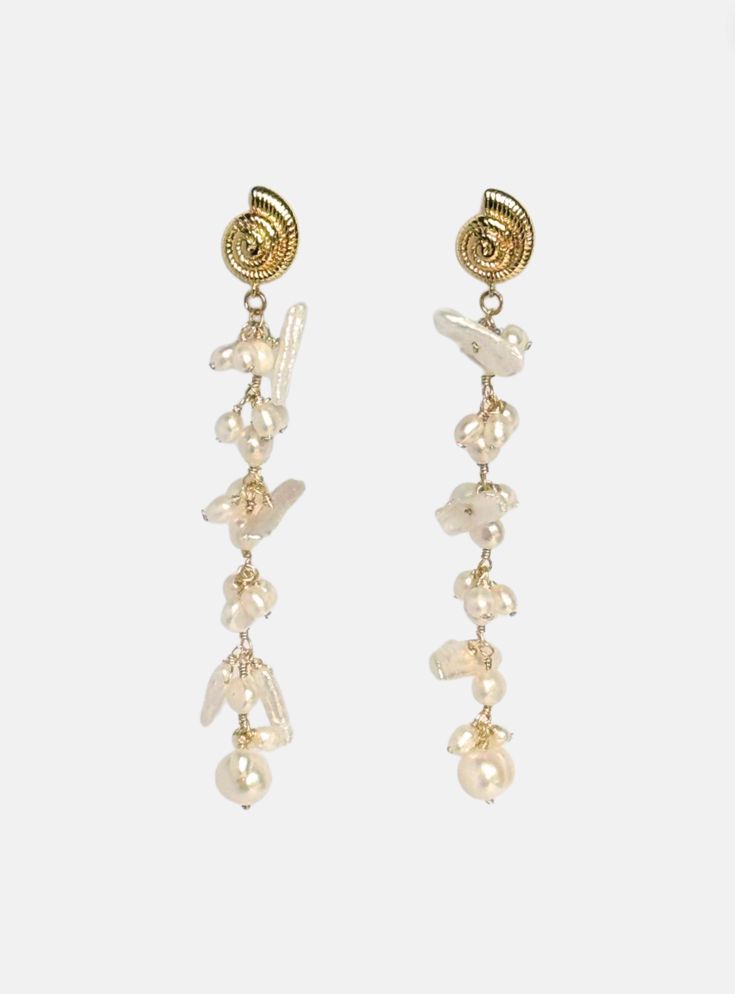 These handmade earrings feature delicate shell/coral studs plated in 18k gold. Hanging from each stud are beautiful Keshi and freshwater pearls, offering a unique and sophisticated look. Golden Pearl, Fine Jewelry Collection, Ring Bracelet, Handmade Earrings, Citrine, Tiara, Freshwater Pearls, Tourmaline, Jewelry Collection