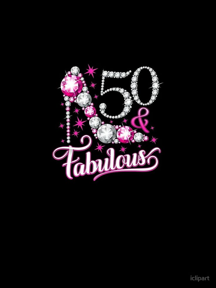 the logo for 50 and fabulous is shown on a black background with pink stars, sparkles and diamonds