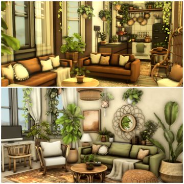 two pictures of living room with couches, tables and plants on the windowsill