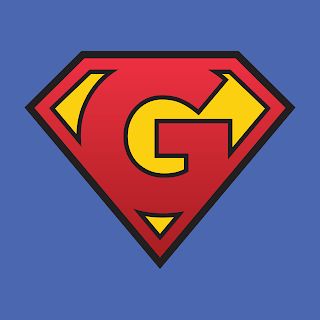 the letter g is for superman with a red and yellow super - man underneath it