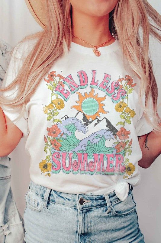 ENDLESS SUMMER GRAPHIC T-SHIRT** PLUS SIZE AVAILABLE: 10837X-TS-PLUS **- Premium 4.2 oz., 100% airlume combed and ringspun cotton- Retail fit- Unisex sizing- Shoulder taping- Sideseamed- Pre-shrunk* SUMMER, SUMMER TEE, SUMMER GRAPHIC, SUMMER OUTFIT, BEACH, OCEAN, SAND, SUN, SWIM, VACATION, TRAVEL, OUTDOOR, CAMPING Style: CASUAL Print / Pattern: ENDLESS SUMMER Silhouette: TEE Fit: UNISEX Neck Line: CREW Sleeve: SHORT Made In: USAFabric Contents: 100% COTTON Stretch fabric Non-sheer fabric Care In White Summer T-shirt For Streetwear, Summer Streetwear Tops With Relaxed Fit, Summer Streetwear Tops In Relaxed Fit, Pink Casual T-shirt For Spring, Relaxed Fit T-shirt For Summer Streetwear, Casual Cotton T-shirt For Summer Adventures, White T-shirt For Summer Streetwear, Fun Spring T-shirt With Sublimation Print, Summer Streetwear Tops With Screen Print