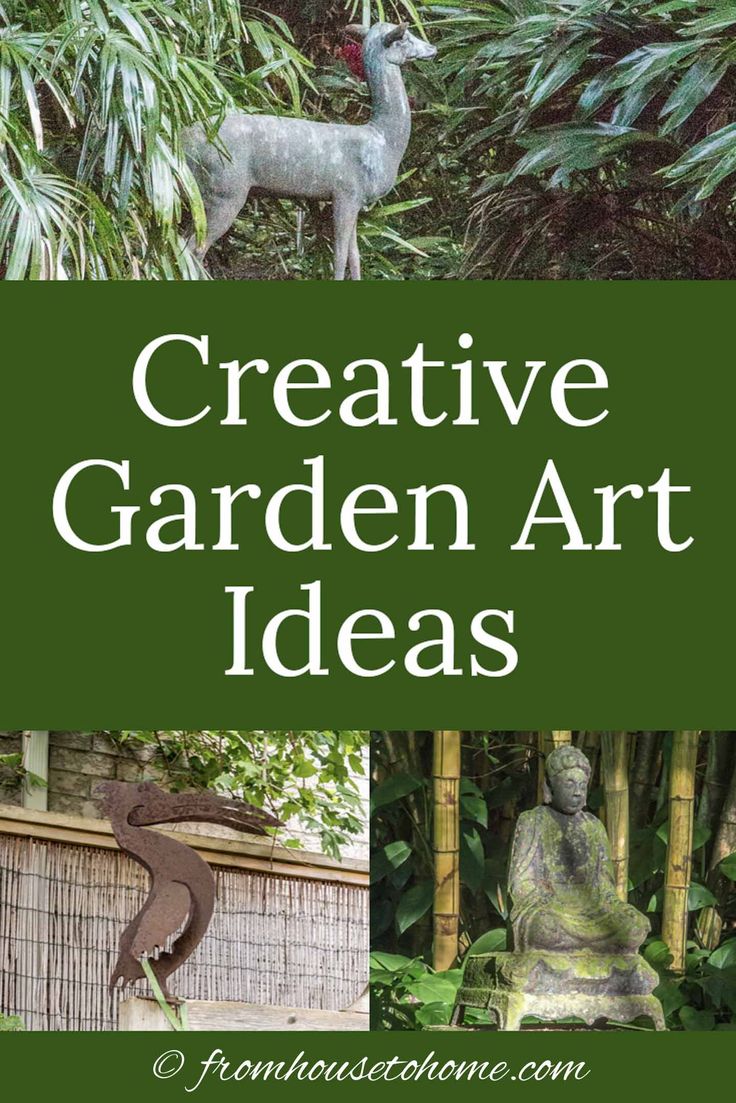 the cover of creative garden art ideas, featuring statues and trees with text overlay