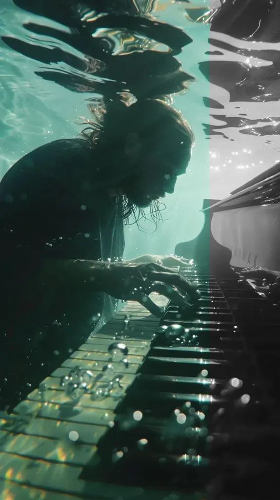 a woman is playing the piano under water