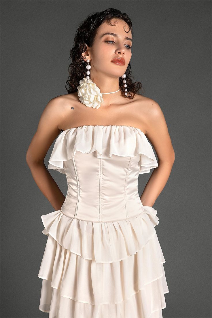 Captivate in our strapless ruffle corset dress. This dress features a strapless ruffle corset top paired with a matching high-waisted skirt, both crafted from luxurious chiffon fabric. The intricate ruffles and elegant corset design add a touch of sophistication and femininity, making it perfect for special occasions. Whether you're gracing a garden party, attending a summer wedding, or making a statement at an evening soiree, this dress will ensure you shine with grace and charm. Handmade custo Fitted Strapless Mini Dress With Ruffles, Elegant Bandeau Corset Dress With Boned Bodice, Prom Off-shoulder Corset Back Corset Dress, Off-shoulder Corset Back Prom Dress, Summer Strapless Ruffle Dress, Chic Corset With Sweetheart Neckline For Prom, Off-shoulder Strapless Dress With Ruffles For Prom, Strapless Off-shoulder Ruffled Dress For Prom, Ruffled Off-shoulder Strapless Dress For Prom