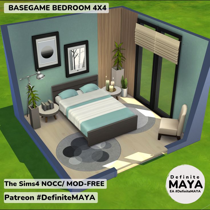 a bed room is shown in the middle of an animated image with text reading base game bedroom 4x4, the sims noc / mod / mod / mod - free patre