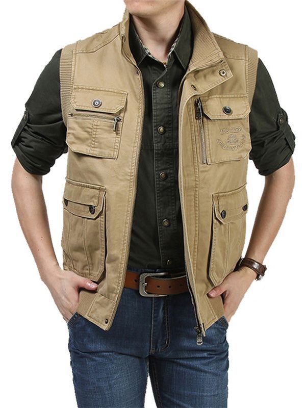 The Men's Multi-Pocket Cotton Vest Utility Jacket perfectly combines classic design with modern practicality, and is a must-have item in your wardrobe. Multiple practical pockets design, selected high quality, wear-resistant and durable. Wear this Men's Multi-Pocket Cotton Vest Utility Jacket to show confidence and style, making every day full of fashion and vitality! 100% Cotton Two flap pockets with button zipper on chest Two large flap pockets with button closures at wais Zipper and Button Up, double proteciton design closure Stand neck Elastic ribbed cuffs and hem Hand wash in cold water SIZE US BUST SHOULDER LENGTH INCH CM INCH CM INCH CM M 2/4 40 102 17 44 25.5 65 L 6/8 42 106 17.5 45 26 66 XL 10/12 43 110 18 46 27.5 67 2XL 14 45 114 18.5 47 28 68 3XL 16 46.5 118 19 48 28.5 69 4XL 18 Casual Outerwear With Pockets For Outdoor Activities, Khaki Outerwear With Functional Pockets For Outdoor Activities, Solid Utility Jacket With Flap Pockets, Brown Outerwear With Pockets For Outdoor Work, Khaki Outdoor Outerwear With Functional Pockets, Khaki Cotton Outerwear With Pockets, Beige Utility Jacket With Multiple Pockets, Brown Outerwear With Side Pockets For Outdoor Activities, Functional Cotton Outerwear With Flap Pockets