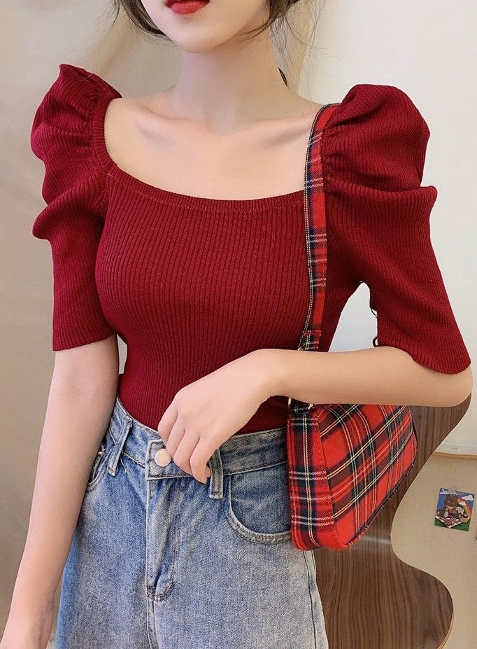 Red Stylish Blouse. It is street style, good for elegant ladies, classy teens and modern fashion Red Outfit Korean, Red Outfits, Ladies Tops Blouses, Top And Jeans, Cropped Tee Shirt, Square Neck Top, Red Outfit, Knit Crop Top, Outfits Aesthetic