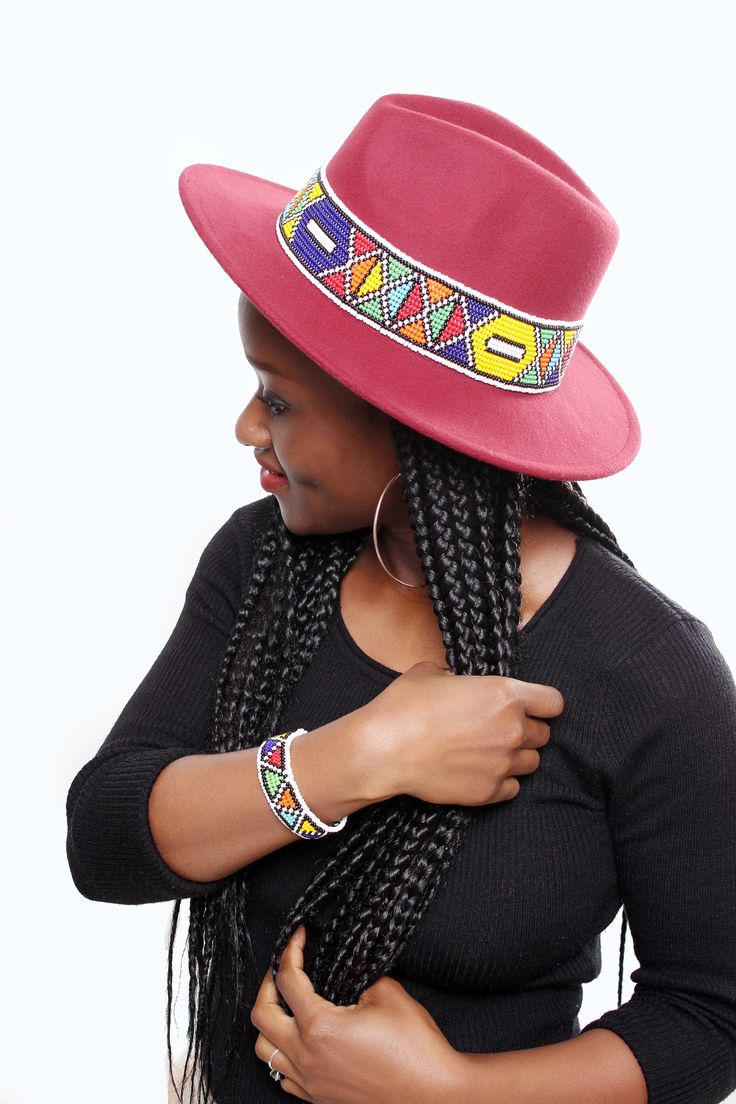 Embellished Women Fedora Hat with Ndebele beads available in various colours. Very stylish with an African touch. African Crown, Beaded Mirror, African Hats, Fedora Hat Women, Beaded Hat, Zulu, Barbie I, Fedora Hat, Pregnancy Shoot