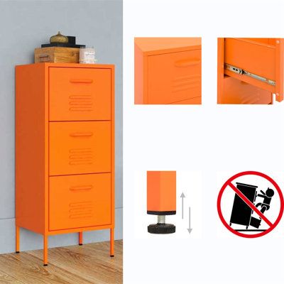 This steel sideboard with 3 drawers is not only sturdy and durable, it can also be adjusted to the right amount of height to suit your needs. The drawers are fully extendable and can be used to store a variety of small items. This storage cabinet with a practical design is a great addition to your home. Hokku Designs Color: Orange | Hokku Designs 39.96 Inch Steel Accent Chests, Storage Cabinets w / 3 Drawers 39.96 H x 16.73 W x 13.78 D in Metal in Orange | 39.96" H X 16.73" W X 13.78" D | Wayfai Orange Tv Stand, Orange Nightstand, Orange Office Decor, White Dresser Orange Drawers, Orange Shelves, Orange Filing Cabinet, Orange Office, Red Office, Accent Chests