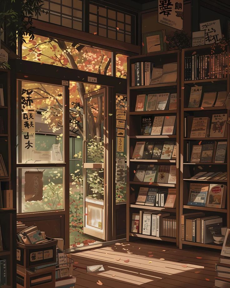 a room with bookshelves full of books and an open window to the outside