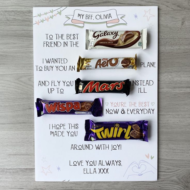 three candy bars on top of a white card with the words i love you always written in it