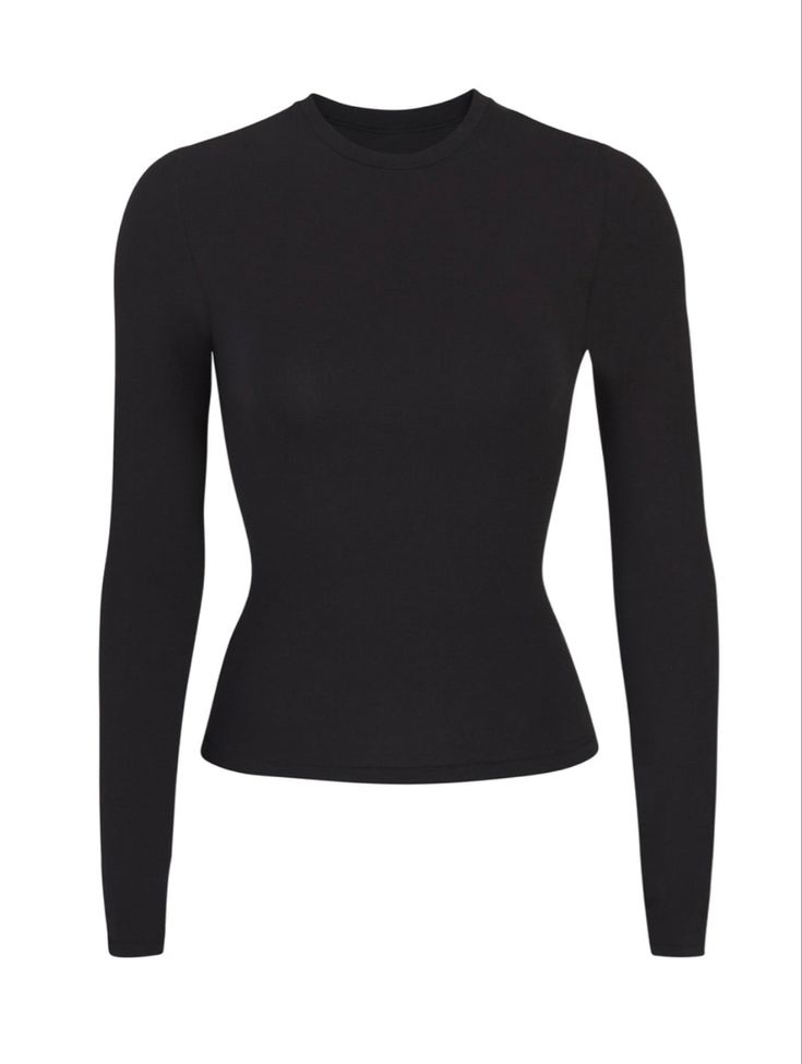 Trendy High Stretch Long Sleeve T-shirt, Sleek Fitted Long Sleeve Top, Stretch Long Sleeve T-shirt With Thumbholes, Long Sleeve Tops For Layering With Minimal Stretch, Long Sleeve Tops With Thumbholes, Long Sleeve Tops With Minimal Stretch For Layering, Long Sleeve Tops With Thumbholes And Minimal Stretch, Sleek Long Sleeve Top With Thumbholes, High Stretch Crew Neck Long Sleeve Top With Thumbholes