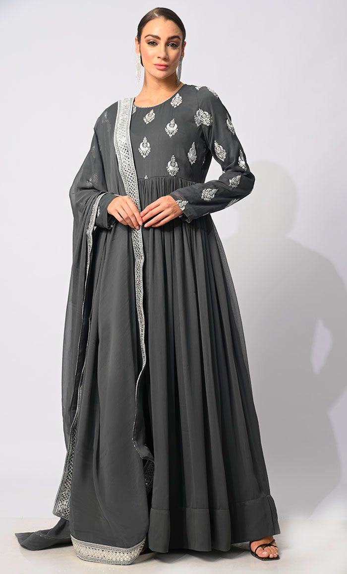 Foil and Zari Embroidered Grey Anarkali Semi-stitched Floor-length Churidar For Diwali, Traditional Floor-length Semi-stitched Churidar, Diwali Semi-stitched Floor-length Churidar, Semi-stitched Floor-length Traditional Wear For Festive Occasions, Semi-stitched Floor-length Traditional Wear For Festive, Floor-length Embroidered Anarkali Set, Semi-stitched Floor-length Embroidered Anarkali Set, Floor-length Semi-stitched Churidar For Diwali, Semi-stitched Floor-length Traditional Wear For Eid