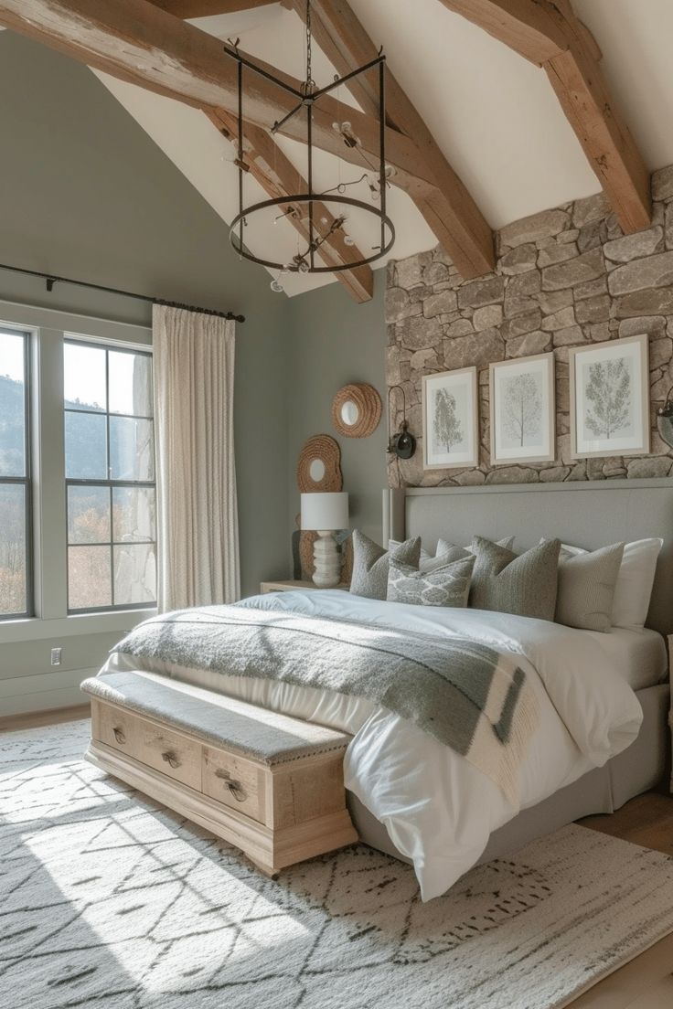 a large bed sitting under a wooden beam in a bedroom next to a tall window