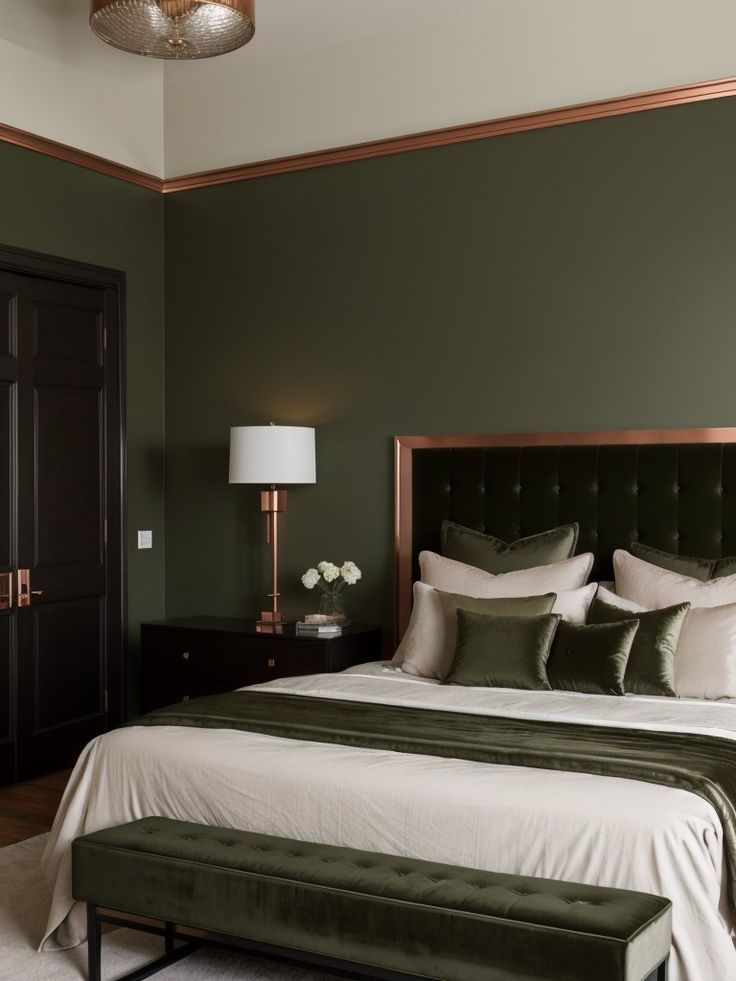 a bedroom with green walls, white bedding and an upholstered headboard