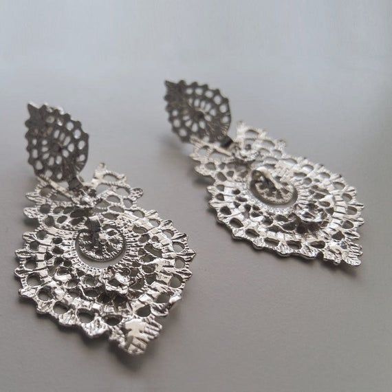 Sterling Silver Earrings Victoria - Royal Earrings - Historic Earrings - Bridal Earrings - Silver Jewelry - Queen Earrings - Gift for Her This style of earrings is originated in Portugal, they are also called Portuguese Queen Earrings (version in gold). However, different variations have spread Silver Pierced Danglers For Party, Silver Metal Plug Earrings For Wedding, Metal Bridal Earrings For Pierced Ears, White Filigree Metal Earrings, White Metal Filigree Earrings, Elegant Nickel-free Danglers For Wedding, Ornate Metal Teardrop Earrings, Nickel Free Metal Earrings For Wedding, Ornate Metal Earrings For Celebration