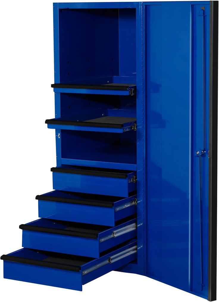 a blue storage cabinet with five drawers and one door open to reveal the bottom drawer