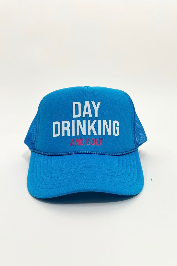 Day Drinking and Golf Trucker Hat Color: Light Blue Otto foam front trucker Mesh detail on back Truckers by Tams Casual Blue Golf Hat, Blue Trucker Hat With Letter Print And Curved Brim, Spring Blue Trucker Hat With Letter Print, Blue Snapback Trucker Hat With Letter Print, Blue 5-panel Trucker Hat For Baseball Season, Blue Fun Style Snapback Hat, Fun Blue Trucker Hat With Letter Print, Blue Trucker Hat With Letter Print, Blue Trucker Snapback Hat With Letter Print