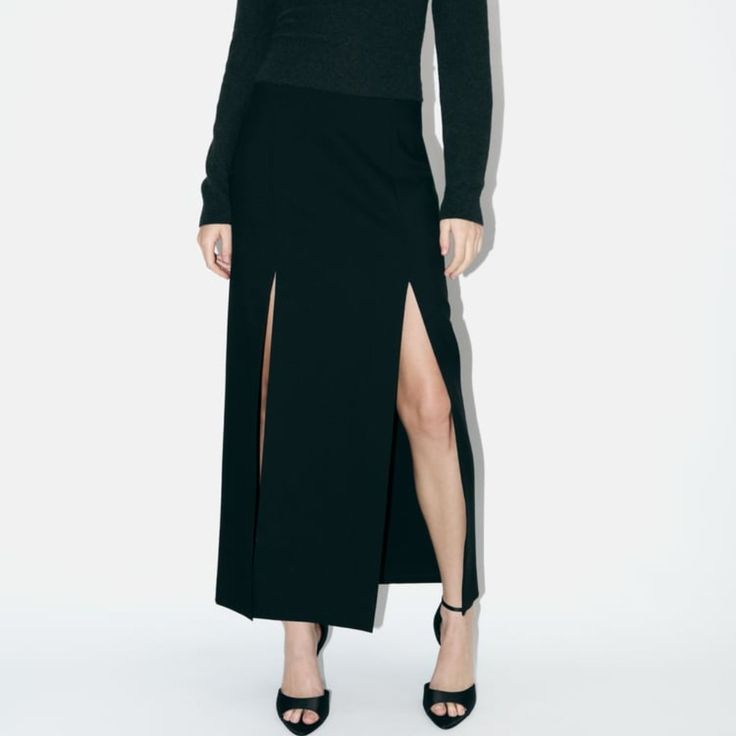 Brand New With Tags, No Flaws Runs Large, Approx Measurements: S Tagged As M Waist 15-15.5 In, Size M Tagged As L Waist Laid Flat Is 15.5-16in, Length 35 In Gorgeous Double Split Midi Skirt From Zara. High Front Slits,Zipper Closure Material: Exterior 100% Wool / Lining 100% Polyester Your Purchase Supports My Small Business. Thank You! Don't Have A Poshmark Account? Sign Up Today Using My Code: Aleksabrooklyn & Save $10 Off Your 1st Order! Fitted Black Maxi Skirt For Work, Evening Fall Pencil Skirt, Fitted Black Pencil Skirt For Winter, Black Full-length Skirt For Fall, Full Length Black Skirt For Fall, Winter Workwear Fitted Maxi Skirt, Black Elastane Pencil Skirt For Evening, Fitted Maxi Skirt For Winter Evenings, Fitted Full-length Skirt With Split Design