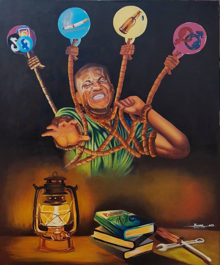 a painting of a man holding up several different objects in front of his face and hands