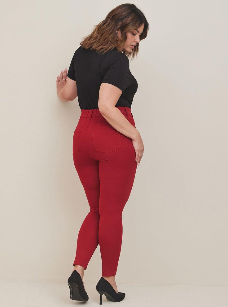 FIT Model is 5'9” wearing size 12. High rise. . Super skinny fit from hip to ankle. Gap-proof elastic waistband for all-day comfort. Perfect for every body shape with ultimate comfort and compression. Inseams: Ex-Short 25”, Short 27”, Regular 29”, Tall 31”, Ex-Tall 33”. MATERIALS + CARE Studio Luxe Ponte knit fabric: Our signature work (any) wear fabric with office-approved tailoring, WFH stretch and comfort, and curve-loving hold. Plus, it’s machine washable! Stretch level: Maximum. Wrinkle res High Stretch Casual Red Pants, Red High Stretch Casual Pants, Casual High Stretch Red Pants, Casual High-stretch Red Pants, Tight Red Elastane Bottoms, High Waist Red Bottoms, Red Mid-rise Bottoms For Fall, Fall Mid-rise Red Bottoms, Red Stretch Leggings For Work