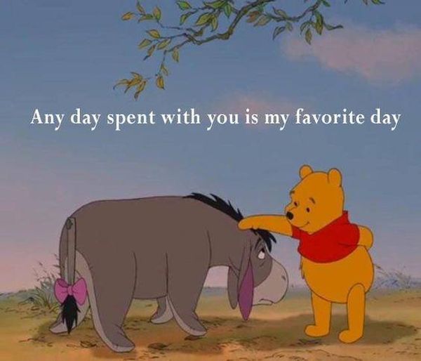 winnie the pooh and piglet are touching each other's noses in front of a tree